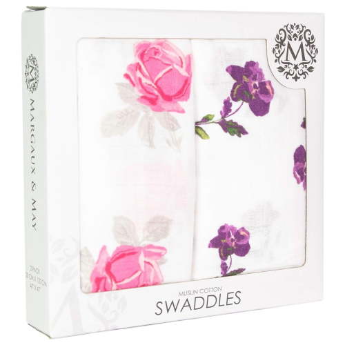 Margaux & May Muslin Swaddle Blanket 2-Pack, 47"x47", Breathable Receiving Blanket, Pink Purple Flowers