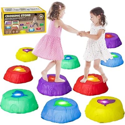 Stepping Stones for Kids, 10 Lighting Non-Slip Balance Stones for Toddlers Age 4-6 up to 70 LBS, Indoor & Outdoor Toy Gift for Boys Girls, Promoting Coordination & Motor Skills