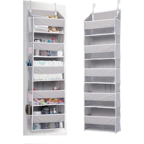 ULG 1 Pack Over Door Organizer with 5 Large Pockets 10 Mesh Side Pockets, 44 lbs Weight Capacity Hanging Storage Organizer with Clear Window for Kids Toys, Shoes, Diapers, Grey, 5 Layer
