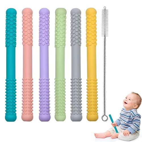 Teether Toys for Babies 3-6-12 Months, 6 Pack Hollow Teether Tubes for Infant Toddlers, Silicone Chew Straws Toys for Baby Chewing, Biting, Nursing (Style B)
