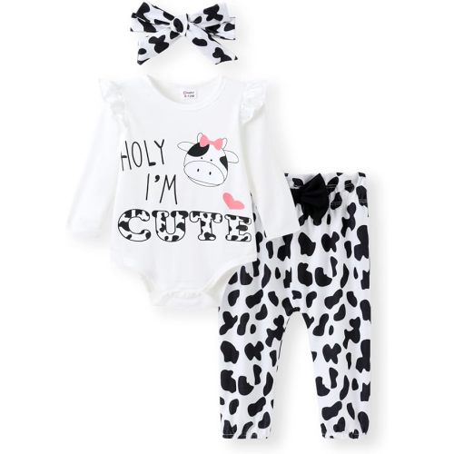 PATPAT Baby Girl Clothes Long Sleeve Ruffle Romper Pants Headband 3 Pieces Set Newborn Infant Outfits 0-24 Months