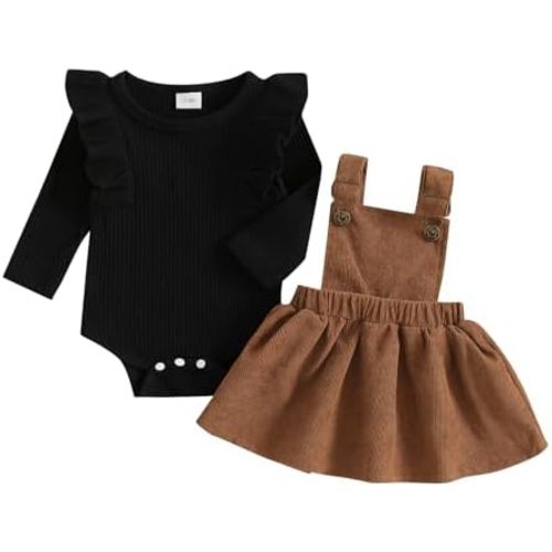 KMBANGI Newborn Infant Baby Girl Skirt Set Ruffle Long Sleeve Knit Romper Corduroy Suspender Dress Skirt Fall Winter Clothes
