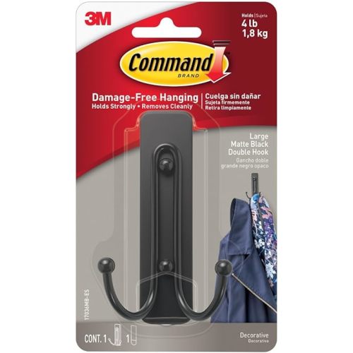 Command Large Matte Black Double Hook, 1 Hooks and 1 Command Strip, Damage-Free Hanging Wall Hooks with Adhesive Strips, No Tools Coat Hooks for Hanging Home Decor, Holds up to 4 lb