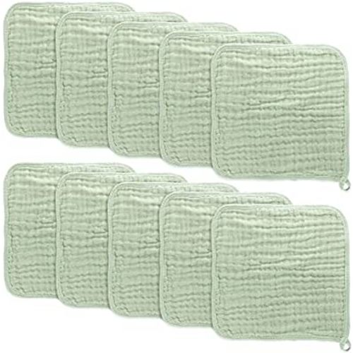 Baby Washcloths, Muslin Cotton Baby Towels, Large 10”x10” Wash Cloths Soft on Sensitive Skin, Absorbent for Boys & Girls, Newborn Baby & Toddlers Essentials Shower Registry Gift (Sage, Pack of 10)