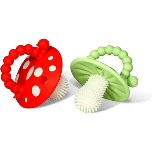 RaZbaby Chompy Teether – Soft Silicone Teething Toy for Infants & Babies 3M+, Massaging Bristles for Teething Relief, Hands-Free & Easy to Hold, Sensory Development, BPA-Free - Great Gift - Red/Green