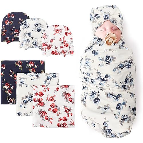 BQUBO Newborn Floral Receiving Blankets Infant Baby Swaddling Hats Sleepsack Toddler Warm Shower Gift 3 Pack