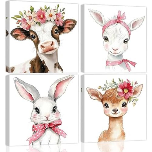 Baby Nursery Wall Art Decor Watercolor Cute Adorable Domestic Animals Artwork Prints for Kids Playroom Bedroom Baby Room Decoration 16x16 inches 4 Pcs Framed