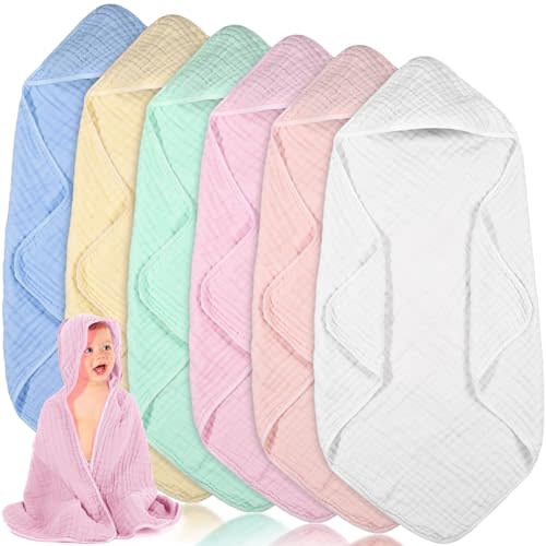 Peryiter 6 Pcs Muslin Hooded Baby Towels,32"x 32" Cotton Newborn Bath Towel Muslin Infant Baby Blankets Absorbent Unisex Newborn Registry Gift for Girls Boys (Light Color Series)