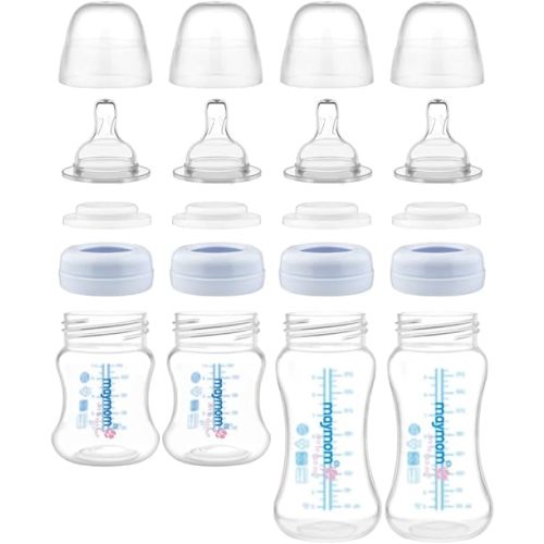 Maymom Wide-Mouth Milk Storage Collection Feeding Bottle with Nipple, Dome Cap, Bottle Top, SureSeal Disk; Compatible with Spectra/Luna Pumps; 4.7oz/140mL, 2pc & 9oz/280mL, 2pc