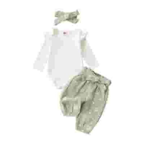 Qtinghua Newborn Baby Girls Fall Clothes Long Sleeve Ruffle Romper Daisy Print Belted Pants Headband Set Green 3-6 Months