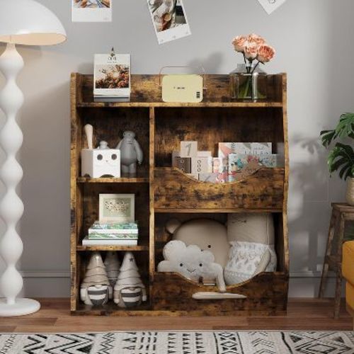 Kids Bookshelf and Toy Storage Organizer, 3-Tier Children Wooden Bookcase, 5 Cube Double Side Toy Storage Display with Spacious Top Shelf