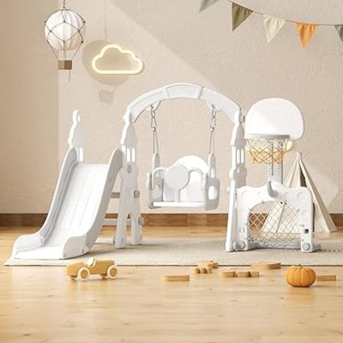 YUFU 5-in-1 Toddler Slide and Swing Set, Kids Slide with Climber, Swing, Basketball Hoop, Soccer Goal, Indoor Outdoor Playset for Toddlers Age 1-3 (Gray)