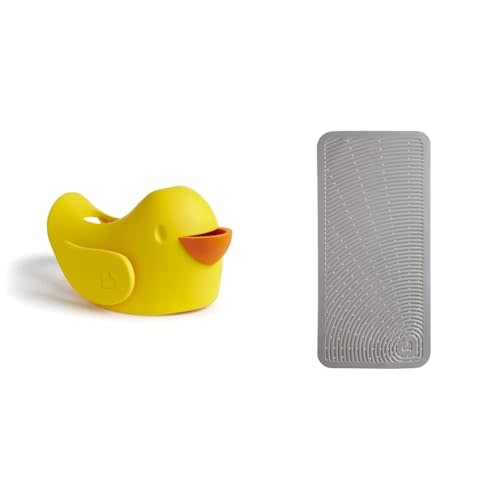 Munchkin Soft Spot Baby Bath Mat for Tub and Beak Duck Bathtub Spout Cover with Built-in Bubble Bath Dispenser, Grey/Yellow