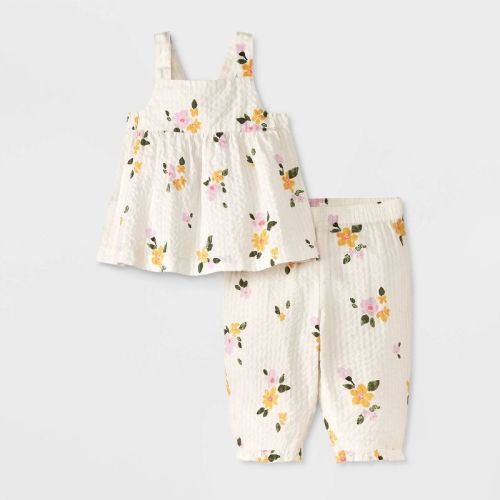 Baby Girls' Floral Printed Tank Top & Pants Set - Cat & Jack™ White 0-3m