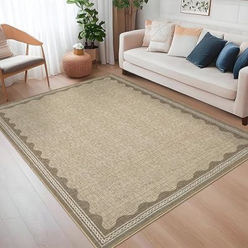 Scalloped Washable Rug 5x7 Area Rugs for Living Room, Solid Tan Rug for Bedroom Girls, Non Slip Scalloped Rug Throw Rugs with Rubber Back, Soft Dorm Nursery Low Pile Carpet for Dining Room
