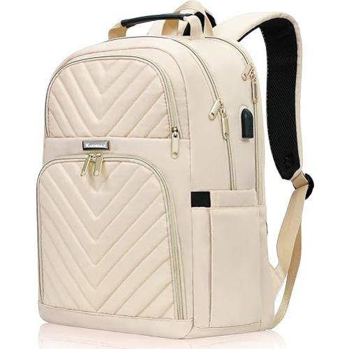 Laptop Backpack for Women, Large School Backpacks for Girls,17.3 Inch Fashion Quilted College Bookbags with USB Charger, Beige Womens Travel Backpack
