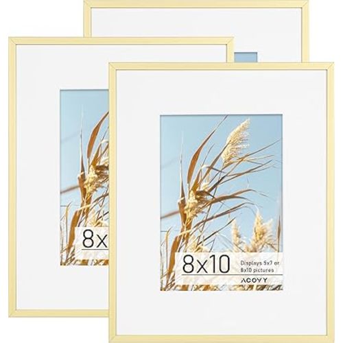 8x10 Picture Frame, Aluminum 8x10 Frame Matted to 5x7, 8x10 Photo Frame with High Definition Plexiglass, Metal 8x10 Frame for Wall or Tabletop Display, Wall Hook Included (Gold, Pack of 3)