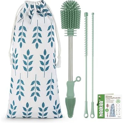 haakaa Silicone Cleaning Brush Kit - Baby Bottle Brush Cleaner for Breast Pump,Nipple,Breast Milk Storage Bag,Reusable Straw,Sippy Cup - Food Grade Silicone Bristles, Portable - 3 Pcs - Pea Green