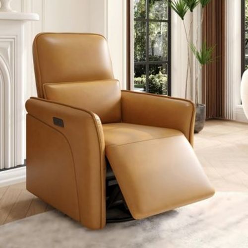 360° Swivel Leather Recliner Chair, Power Nursery Rocking Chair, Recliner Chair with Lumbar Support, USB Port & Footrest, for Living Room, Brown