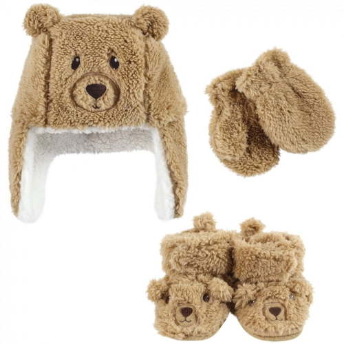 Hudson Baby Unisex Baby Trapper Hat, Mitten and Bootie Set, Tan Bear, 6-12 Months