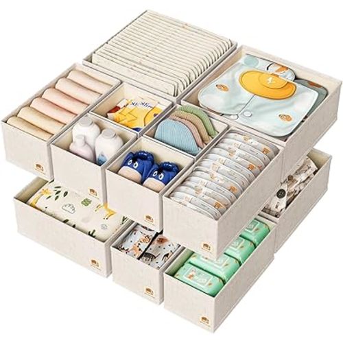 Cotton Linen Drawer Organizer for Baby Clothes, 12Pack Foldable Nursery Dresser Divider, Multi-Size Set Dresser Drawer Organizer for Nursery, Bedroom and Closet, Beige