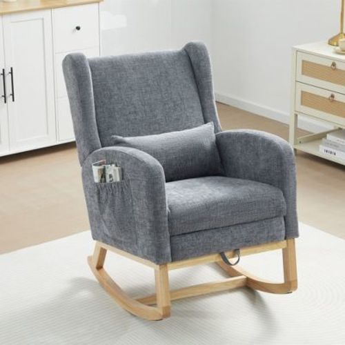 Hyleory Chenille Rocking Chair Rocker With Retractable Footrest, Solid Wood Leg, Long Non-Slip Pad, Lumbar Support And Side Pocket, Beige