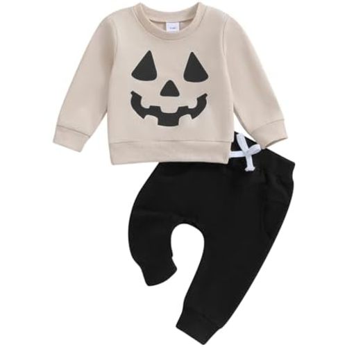 ZAXARRA Toddler Baby Girls Boys Halloween Outfits Cartoon GhostPumpkin Print Pullover Sweatshirt Pants Newborn Clothing set