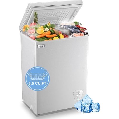 WANAI Chest Freezer 3.5 Cubic Feet Mini Small Deep Freezers with Adjustable Thermostat Top Open Door Freezer Compressor Cooling with Rmovable Storage Basket for Home, Kitchen Office Apartment, Black