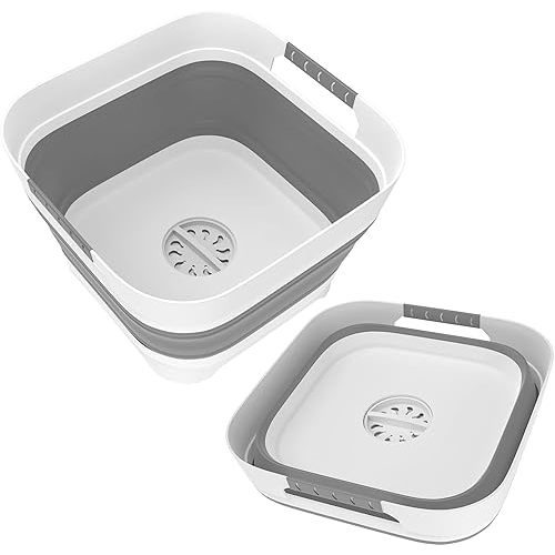 2.4 Gal(9L) Collapsible Dish Basin Bucket with Drain Plug Portable Sink Space Saving Multiuse Bottle Washing Basin Foldable Sink Tub for Kitchen Camping RV Vegetable Washing Dishes Upgraded