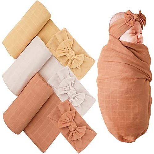 Konssy 3 Pack Set Muslin Swaddle Blankets, Soft Bamboo Cotton Newborn Receiving Blanket Headbands Set, Large 43 x 43 inches, Breathable Muslin Baby Swaddles for Boys & Girls