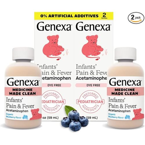 Genexa Infants' Clean Acetaminophen | Pediatrician Preferred Ingredients | Pain Reliever & Fever Reducer for Babies | Dye Free, 0% Artificial Additives | Organic Blueberry Flavor, 4 fl oz (2 Pack)