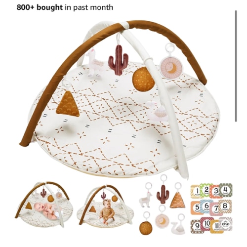 Tummy Time Activity Mat, Macrame Baby Play Gym Mat with 6 Detachable Toys and 12 Milestone Cards for Stage-Based Sensory and Motor Skill Development, Washable Play Mats for Infant, Non Slip Play Mat