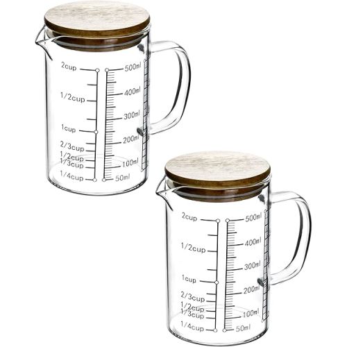 QWORK Glass Measuring Cup, 2 Pack 500ML (18 Oz, 2 Cup), High Borosilicate Glass Scale Cup with Handle and Durable Bamboo Lid, for Kitchen or Restaurant