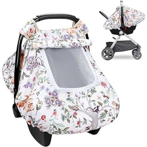 Baby Car Seat Cover, Minky Infant Car Seat Covers for Babies, Windproof & Breathable Carseat Cover Boy with Peep Window, for Protecting Baby from Wind & Sun (Woodland Animals)