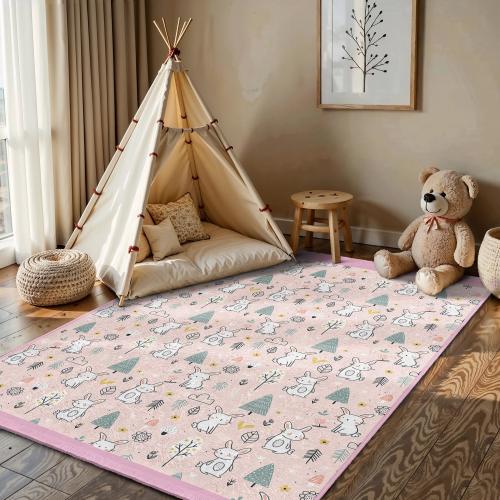 Woodland Animals Bunny Forest Kids Room Rug-Pink Rabbit Cute Nursery Carpet-Adorable Nordic Style Playmat-Soft Pink Woodland Toddler Mat