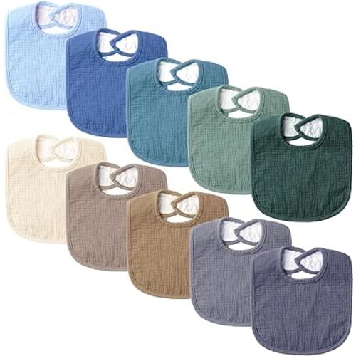 Set of 10 Muslin Baby Bibs for Unisex Boys and Girls, 10 Solid Colors Set for Drooling and Teething