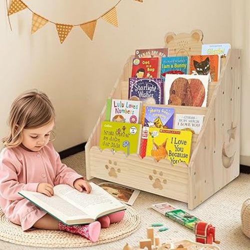 5 Tier Wooden Bear Bookshelf for Nursery Classroom Book Shelf for Kids Rooms Montessori Bookshelves Book Display Organizer for Bedroom,Playroom,Nursery Kids Furniture