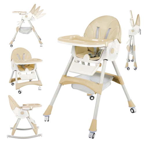 Cochildor 6 in 1 Foldable High Chair, Convertible High Chair for Baby&Toddler, with 5 Point Harness, Beige