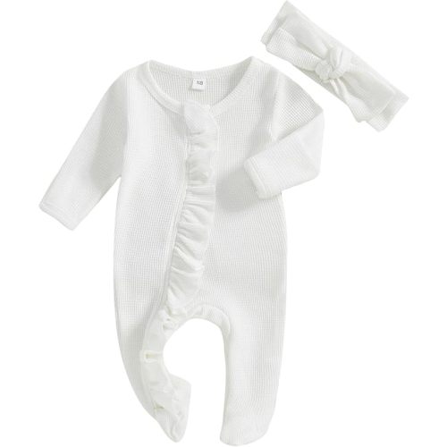 Ayalinggo Newborn Baby Romper Infant Girl One-piece Outfit Waffle Ruffle Zip Footie Spring Summer Clothes With Bow Headband