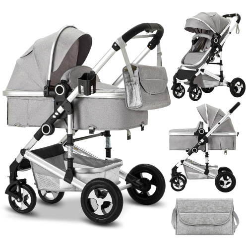 AILEEKISS 2 in 1 Convertible Baby Stroller, Unisex Folding Infant Newborn Bassinet Pram, Light Grey