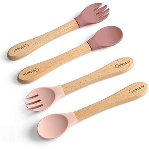 Ginbear Silicone Baby Spoon and Fork Self-feeding, Baby Flatware Sets for Girl, Toddler Feeding Utensils for Child 6 Months+ (Mauve/Pink)