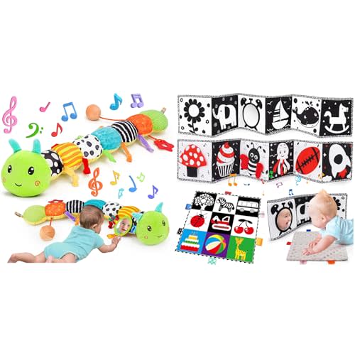 Baby Sensory Toy 0-3 Month Music Animal Stuffed Caterpillar Toy for Infant 0-3-6 Month Tummy Time with Black and White High Contrast Baby Toys 0-6-12 Months Soft Sensory Books