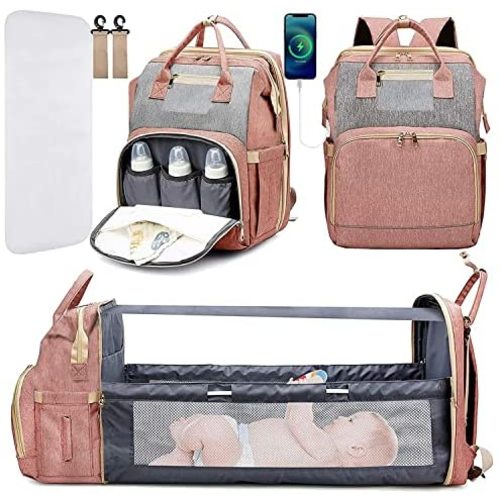 Diaper Bag Backpack with Changing Station, KABAQOO Large Baby Diaper Bags for Boys Girls, Portable Bassinets with USB Charging Port, Multifunction Waterproof Travel Back Pack for Moms Dads, Grey