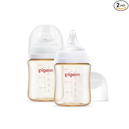 Pigeon PPSU Nursing Baby Bottle Wide Neck, Anti-Colic, Streamlined Body, Natural Feel, Easy to Clean, 5.4 Oz(Pack of 2), Includes 2pcs SS Nipples (0m+)