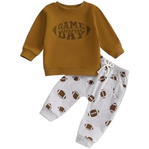Baby Boy Football Game Day Clothes Toddler Rugby Print Crewneck Sweatshirt Pants Set Spring Sweatsuit Outfits