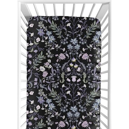 Sweet Jojo Designs Black Purple Boho Wildflower Vintage Floral Girl Baby Fitted Crib Sheet Infant Newborn Nursery Toddler Bed Room Standard Mattress Lavender Bohemian Farmhouse Botanical Cottagecore