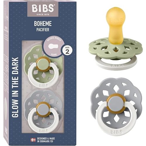 BIBS Boheme Glow in The Dark Soother 2-Pack. BPA Free. Round Latex, Size 1 (0-6 Months), Sage Glow/Cloud Glow