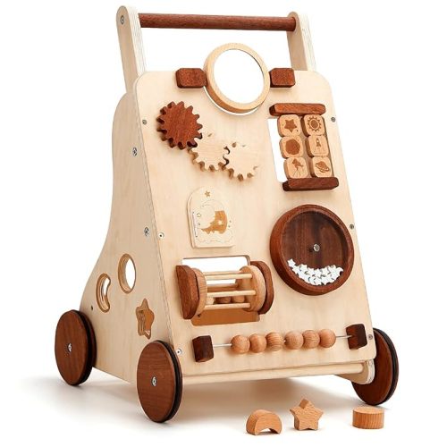 Wooden Baby Walker, Adjustable Push and Pull Learning Activity Center Walker Toy, Natural Wood Sit to Stand Walker for Baby Learning to Walk, Educational Birthday Gift for Toddler Boy Girl 1+