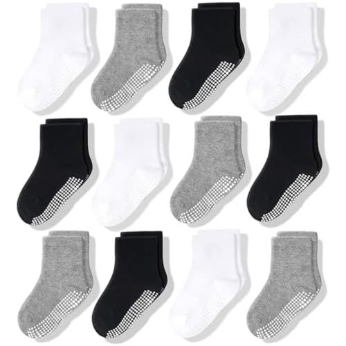 CozyWay Baby & Toddler Socks With Grippers Non Slip Crew Grip Socks for Girls and Boys Soft Comfy Cotton - 12 Pack