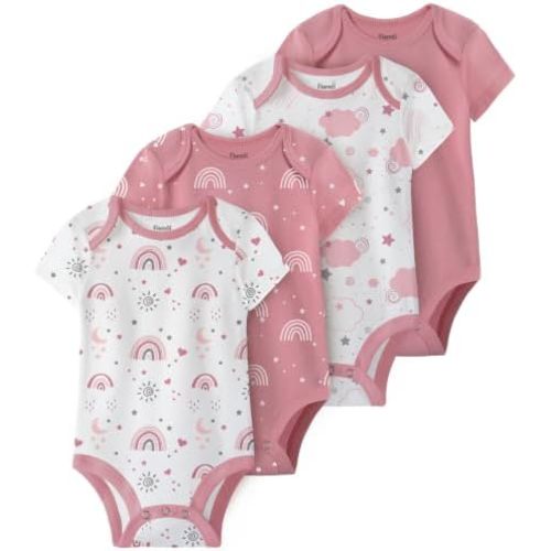 Baby Bodysuits Newborn 100% Cotton, Soft Short Sleeve Toddler Infant Cute Body Suits for Baby Boys Girls 4 Pack